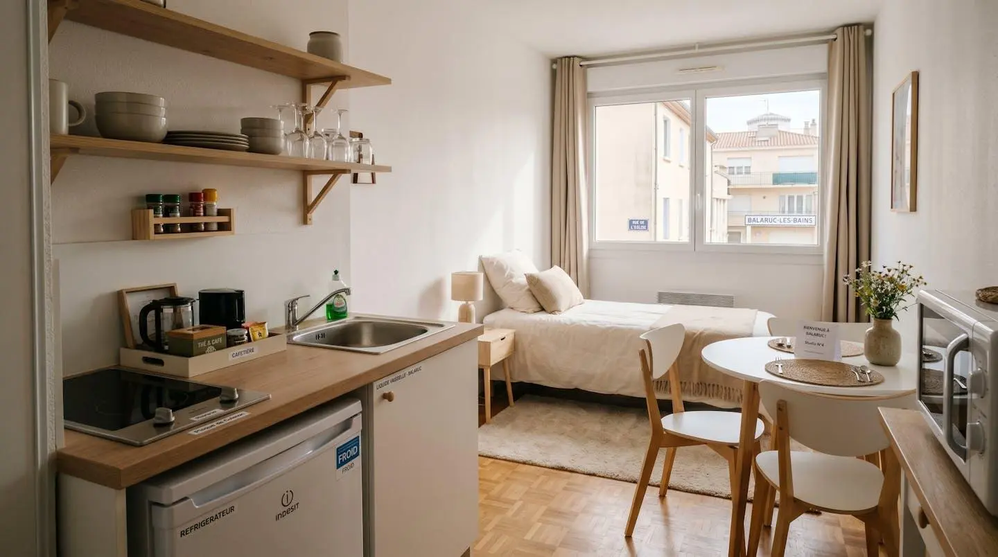 Intérieur d'un studio meublé de tourisme de 20 m² à Balaruc-les-Bains avec coin cuisine équipé, lit et table, décoration épurée tons clairs et lumière naturelle