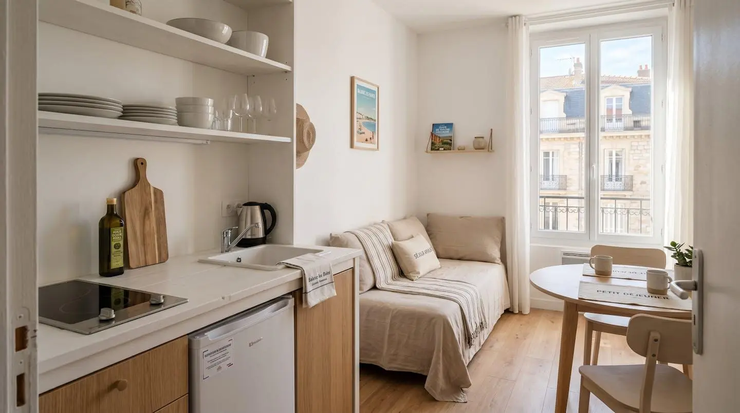 Intérieur d'un studio meublé de tourisme de 20 m² à Balaruc-les-Bains avec coin cuisine équipé, lit et table, décoration épurée tons clairs et lumière naturelle