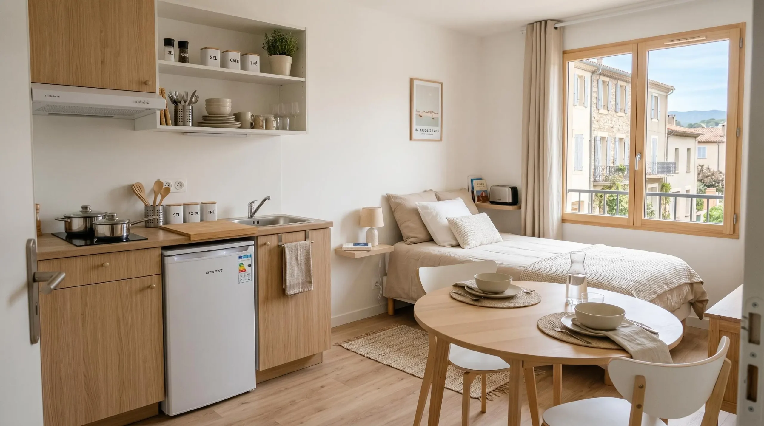 Intérieur d'un studio meublé de tourisme de 20 m² à Balaruc-les-Bains avec coin cuisine équipé, lit et table, décoration épurée tons clairs et lumière naturelle