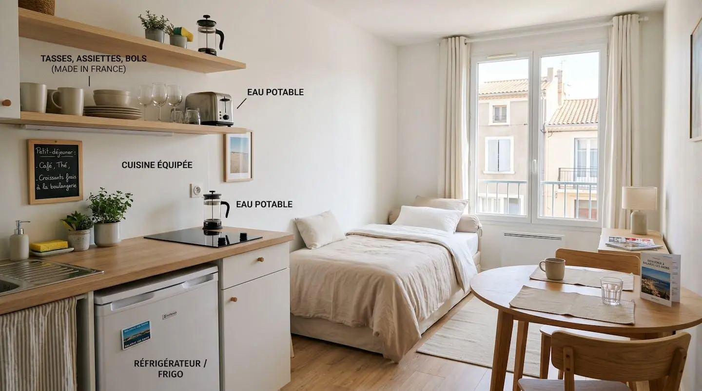 Intérieur d'un studio meublé de tourisme de 20 m² à Balaruc-les-Bains avec coin cuisine équipé, lit et table, décoration épurée tons clairs et lumière naturelle