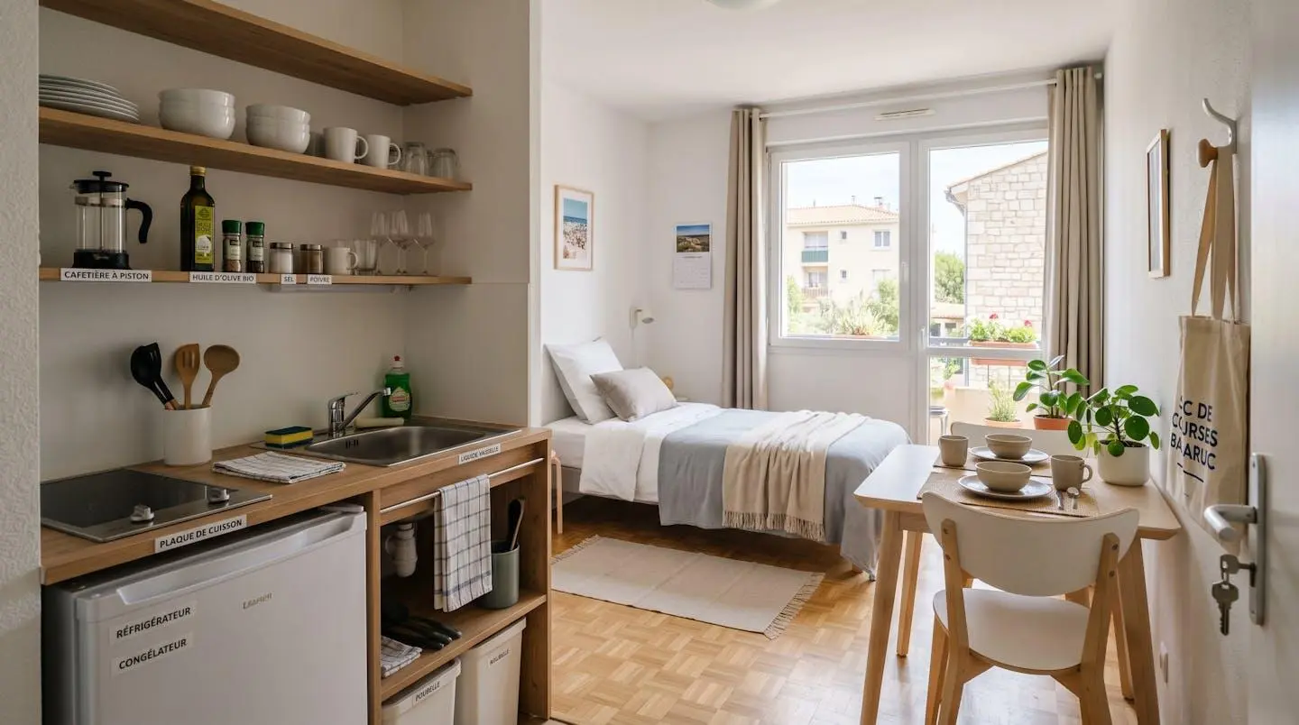 Intérieur d'un studio meublé de tourisme de 20 m² à Balaruc-les-Bains avec coin cuisine équipé, lit et table, décoration épurée tons clairs et lumière naturelle