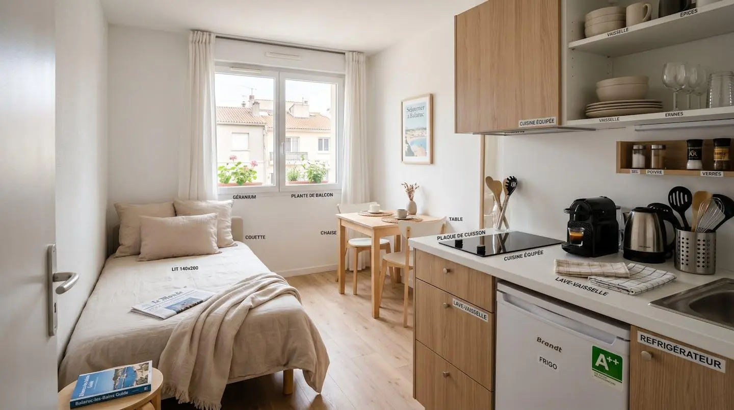 Intérieur d'un studio meublé de tourisme de 20 m² à Balaruc-les-Bains avec coin cuisine équipé, lit et table, décoration épurée tons clairs et lumière naturelle