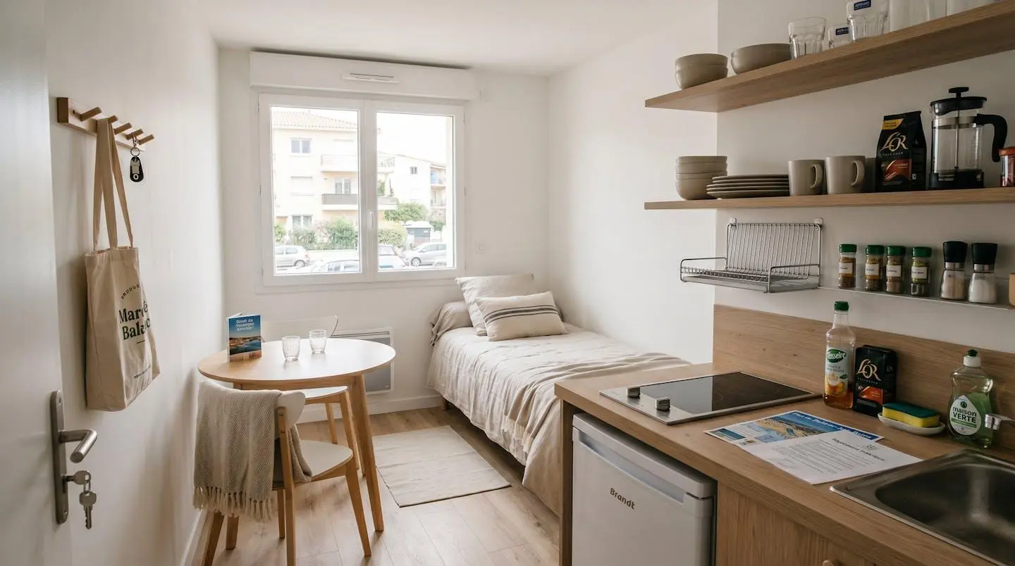 Intérieur d'un studio meublé de tourisme de 20 m² à Balaruc-les-Bains avec coin cuisine équipé, lit et table, décoration épurée tons clairs et lumière naturelle