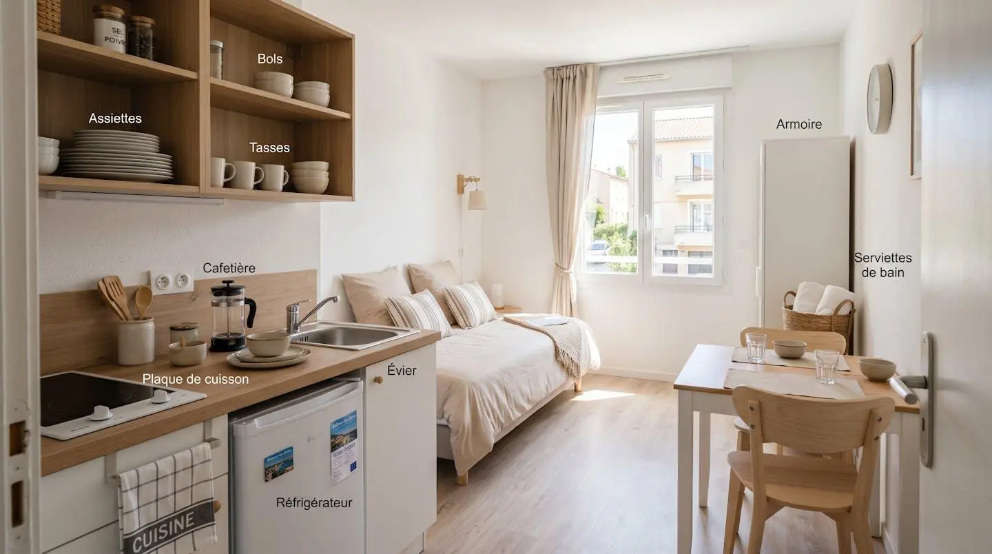 Intérieur d'un studio meublé de tourisme de 20 m² à Balaruc-les-Bains avec coin cuisine équipé, lit et table, décoration épurée tons clairs et lumière naturelle