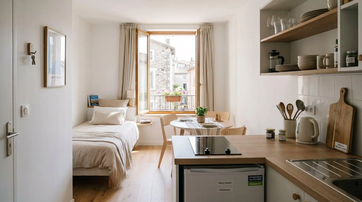 Intérieur d'un studio meublé de tourisme de 20 m² à Balaruc-les-Bains avec coin cuisine équipé, lit et table, décoration épurée tons clairs et lumière naturelle
