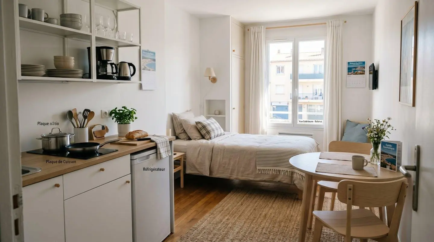 Intérieur d'un studio meublé de tourisme de 20 m² à Balaruc-les-Bains avec coin cuisine équipé, lit et table, décoration épurée tons clairs et lumière naturelle