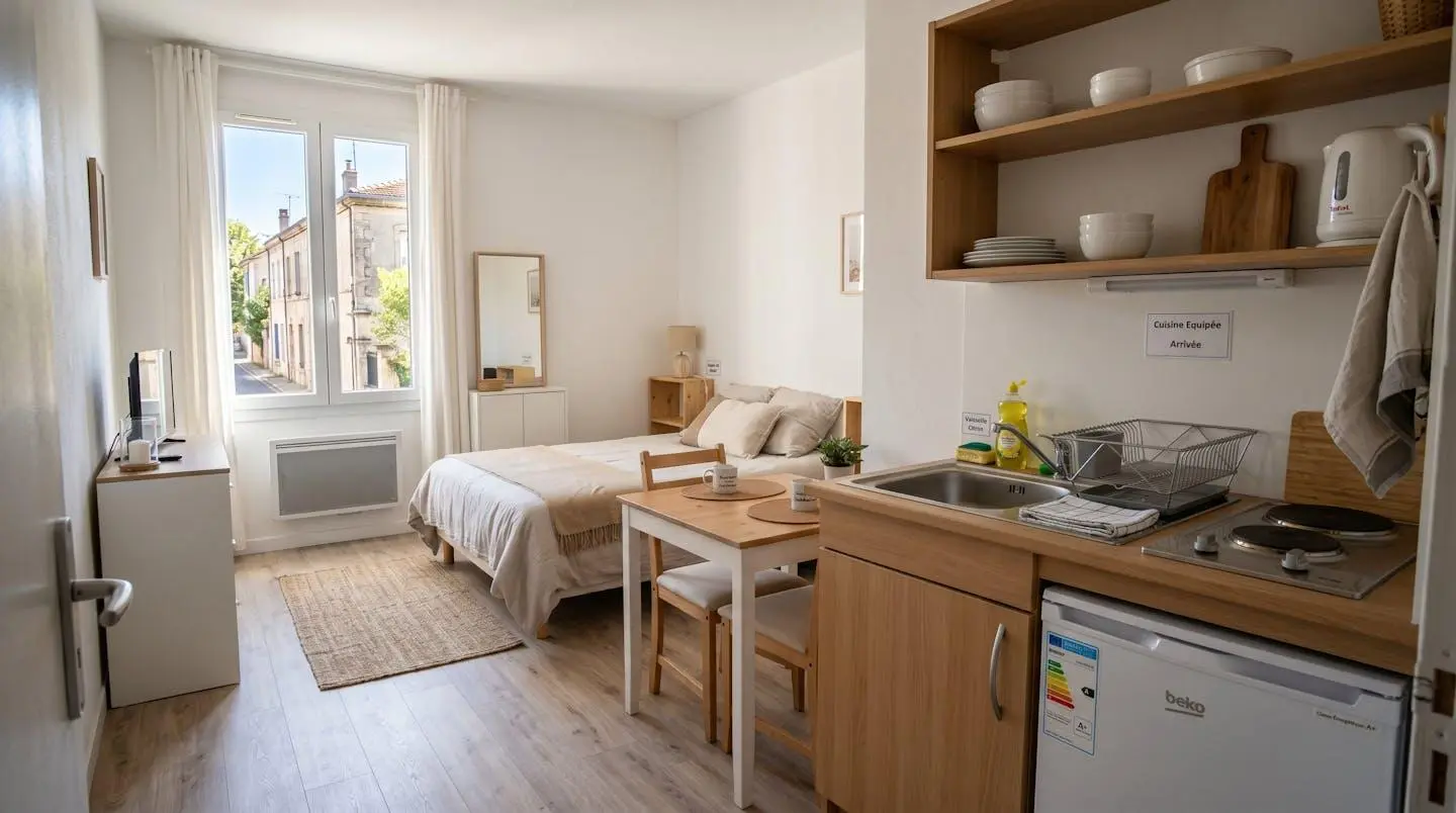 Intérieur d'un studio meublé de tourisme de 20 m² à Balaruc-les-Bains avec coin cuisine équipé, lit et table, décoration épurée tons clairs et lumière naturelle