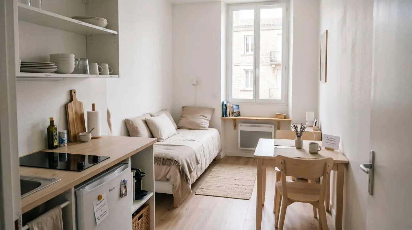 Intérieur d'un studio meublé de tourisme de 20 m² à Balaruc-les-Bains avec coin cuisine équipé, lit et table, décoration épurée tons clairs et lumière naturelle