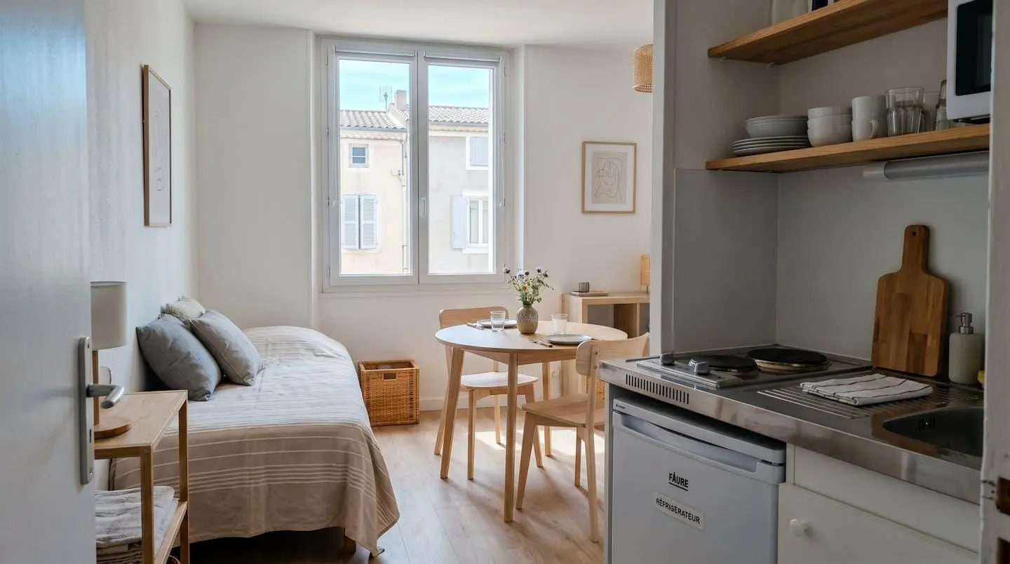 Intérieur d'un studio meublé de tourisme de 20 m² à Balaruc-les-Bains avec coin cuisine équipé, lit et table, décoration épurée tons clairs et lumière naturelle
