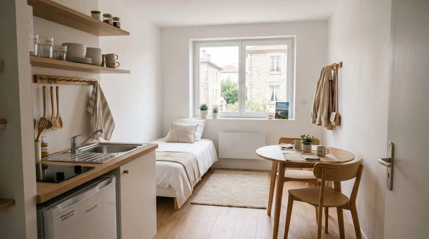 Intérieur d'un studio meublé de tourisme de 20 m² à Balaruc-les-Bains avec coin cuisine équipé, lit et table, décoration épurée tons clairs et lumière naturelle