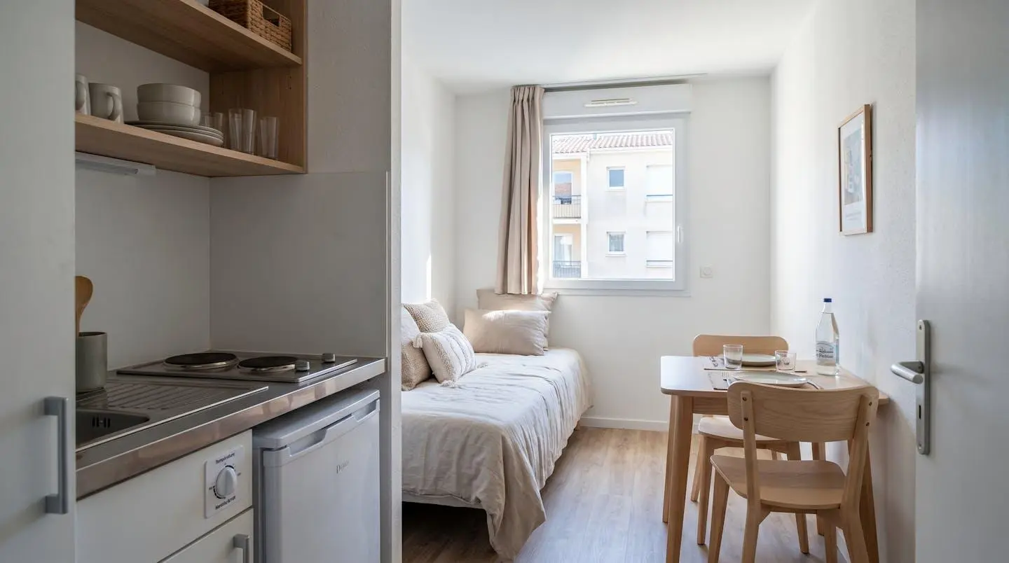 Intérieur d'un studio meublé de tourisme de 20 m² à Balaruc-les-Bains avec coin cuisine équipé, lit et table, décoration épurée tons clairs et lumière naturelle