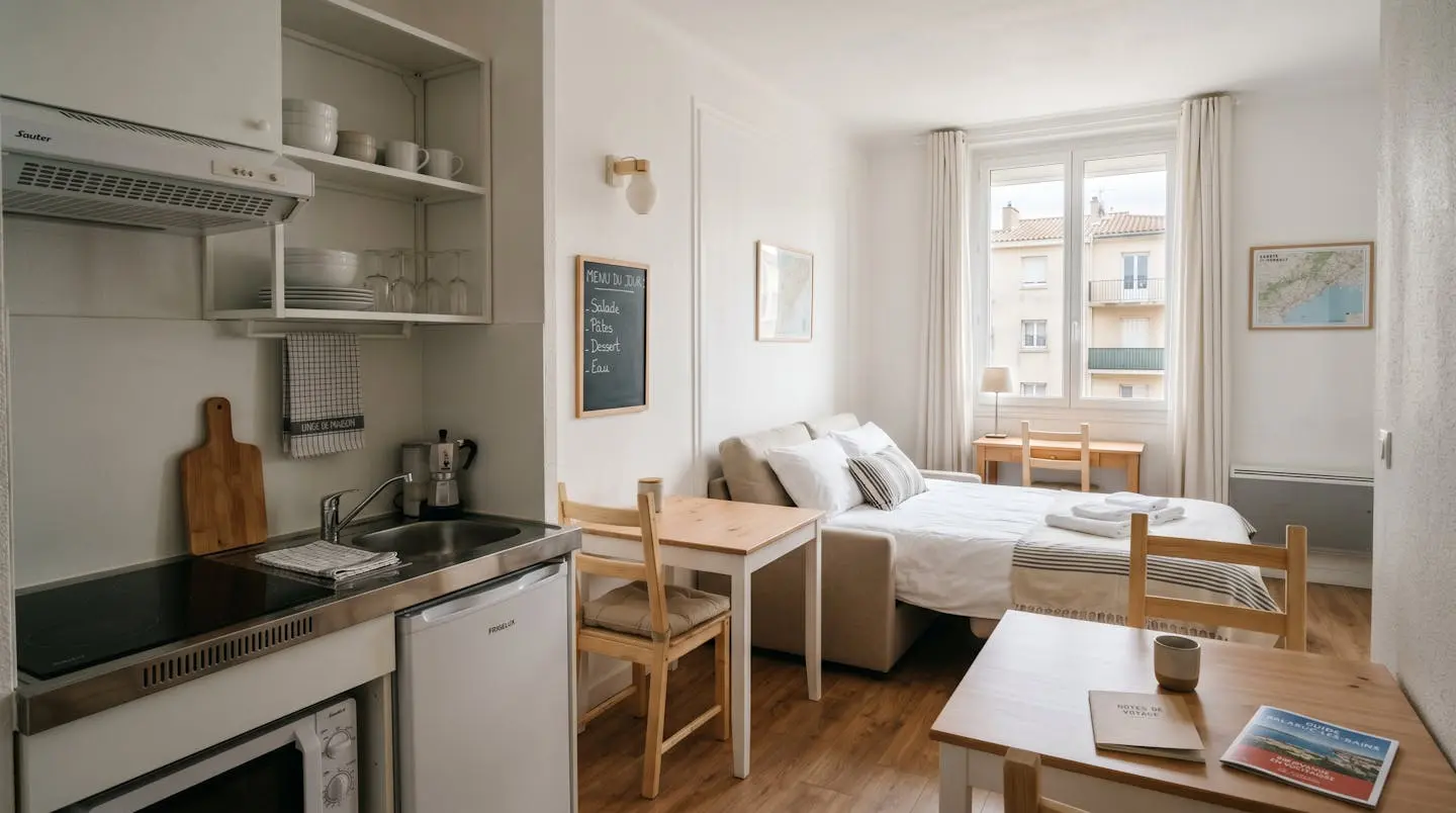 Intérieur d'un studio meublé de tourisme de 20 m² à Balaruc-les-Bains avec coin cuisine équipé, lit et table, décoration épurée tons clairs et lumière naturelle