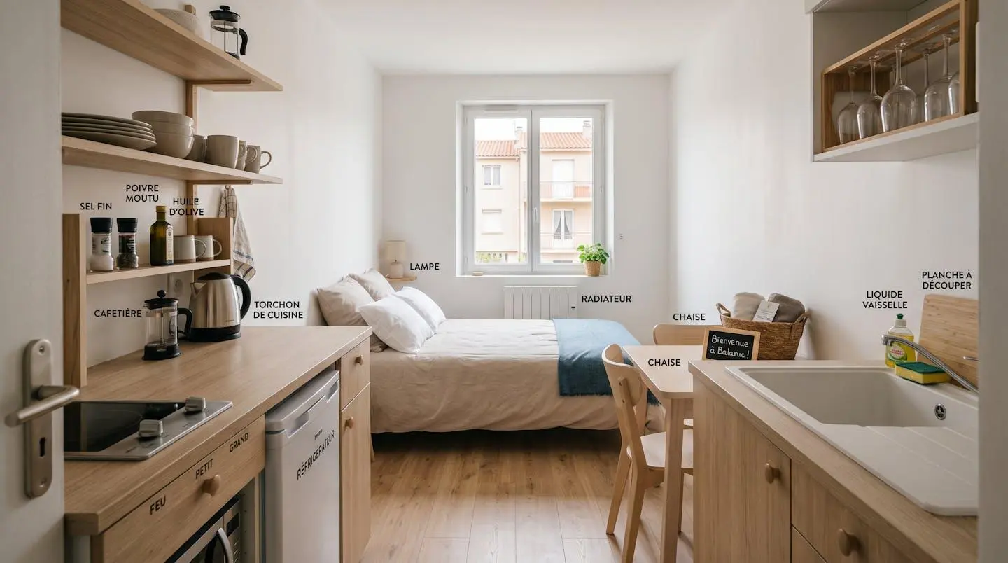 Intérieur d'un studio meublé de tourisme de 20 m² à Balaruc-les-Bains avec coin cuisine équipé, lit et table, décoration épurée tons clairs et lumière naturelle