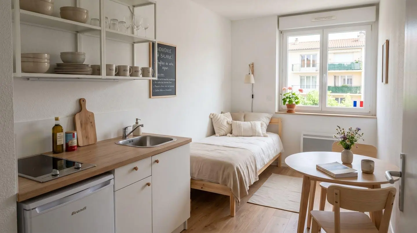 Intérieur d'un studio meublé de tourisme de 20 m² à Balaruc-les-Bains avec coin cuisine équipé, lit et table, décoration épurée tons clairs et lumière naturelle