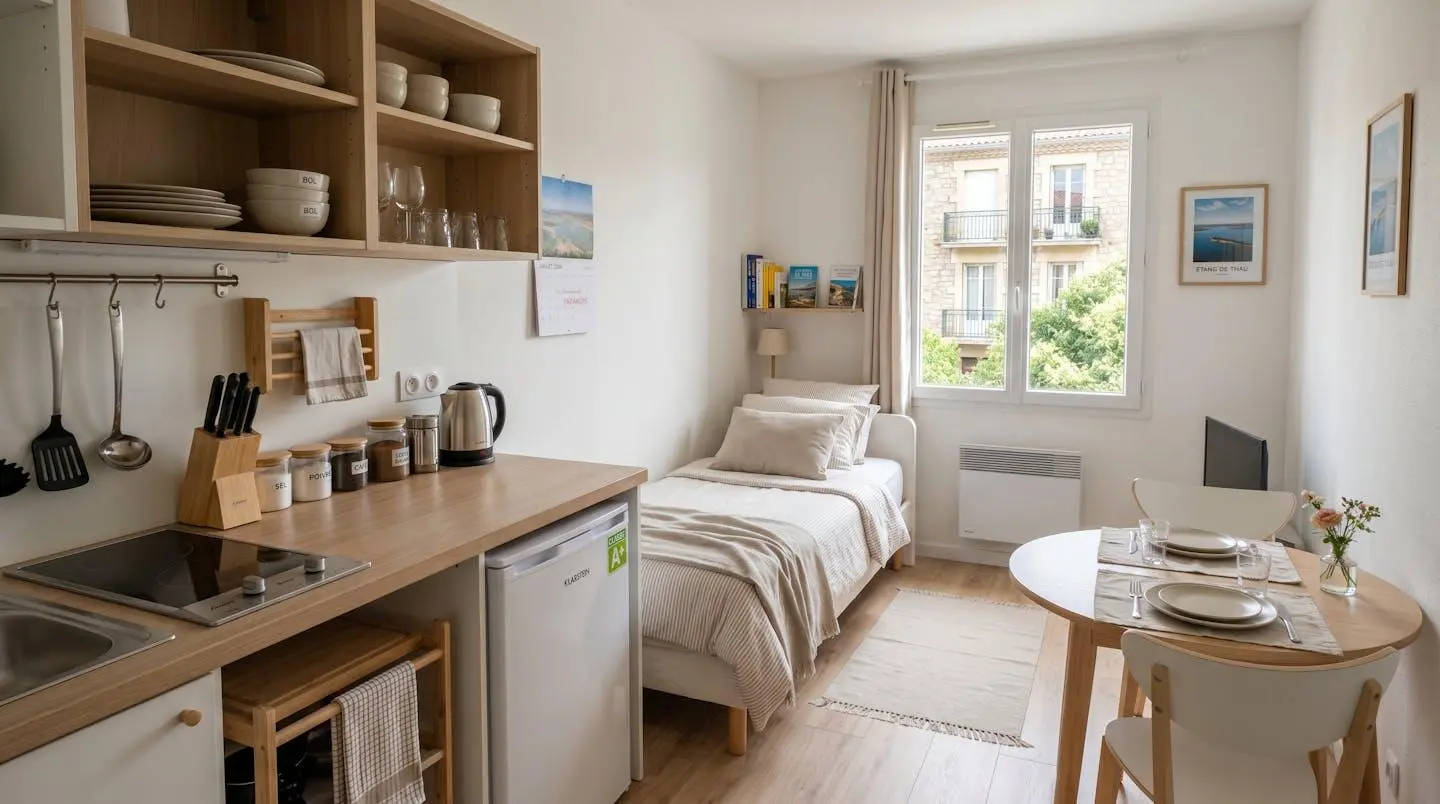 Intérieur d'un studio meublé de tourisme de 20 m² à Balaruc-les-Bains avec coin cuisine équipé, lit et table, décoration épurée tons clairs et lumière naturelle