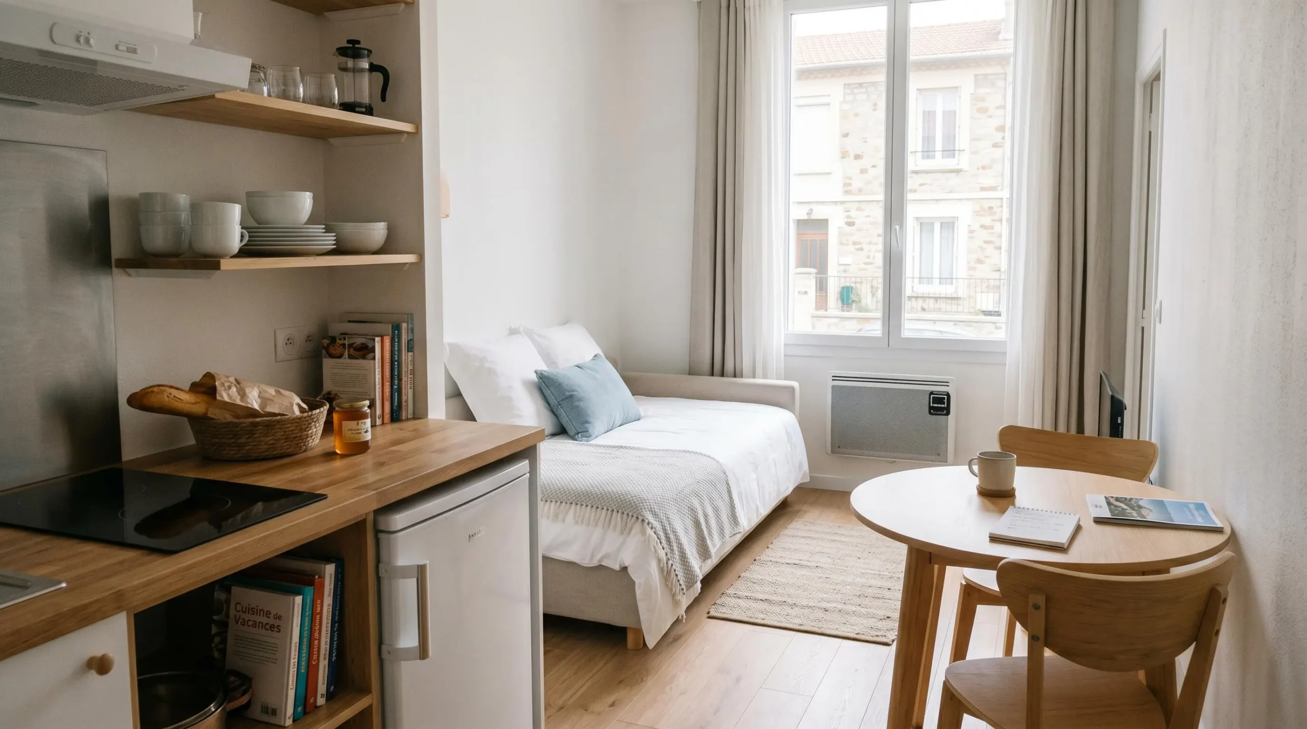 Intérieur d'un studio meublé de tourisme de 20 m² à Balaruc-les-Bains avec coin cuisine équipé, lit et table, décoration épurée tons clairs et lumière naturelle