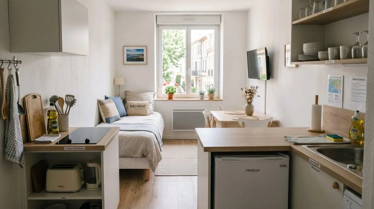 Intérieur d'un studio meublé de tourisme de 20 m² à Balaruc-les-Bains avec coin cuisine équipé, lit et table, décoration épurée tons clairs et lumière naturelle