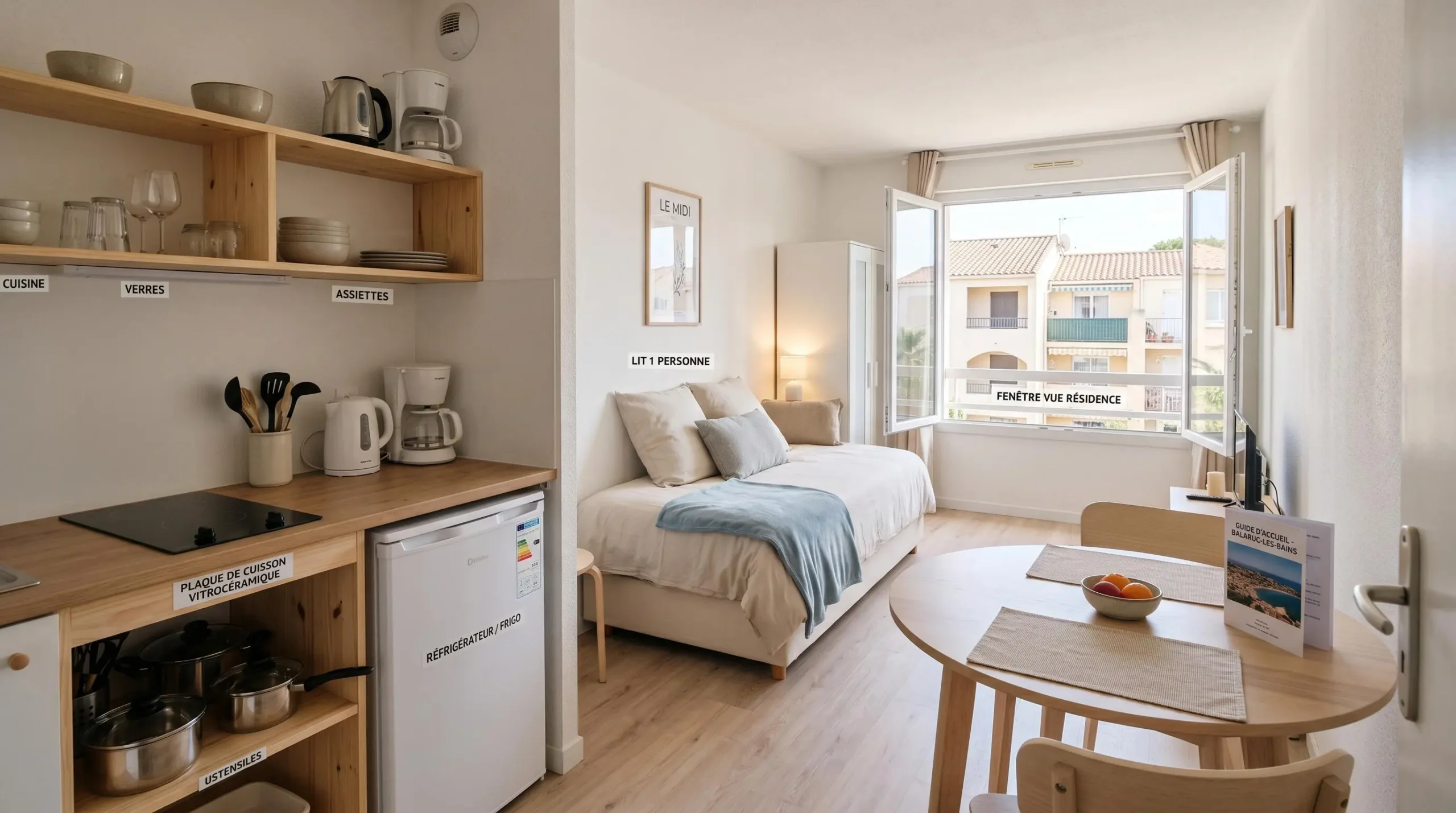 Intérieur d'un studio meublé de tourisme de 20 m² à Balaruc-les-Bains avec coin cuisine équipé, lit et table, décoration épurée tons clairs et lumière naturelle
