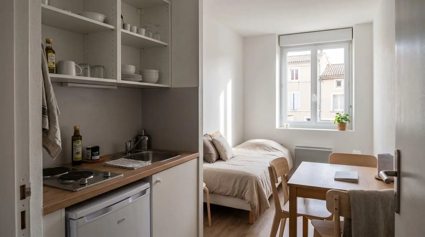 Intérieur d'un studio meublé de tourisme de 20 m² à Balaruc-les-Bains avec coin cuisine équipé, lit et table, décoration épurée tons clairs et lumière naturelle