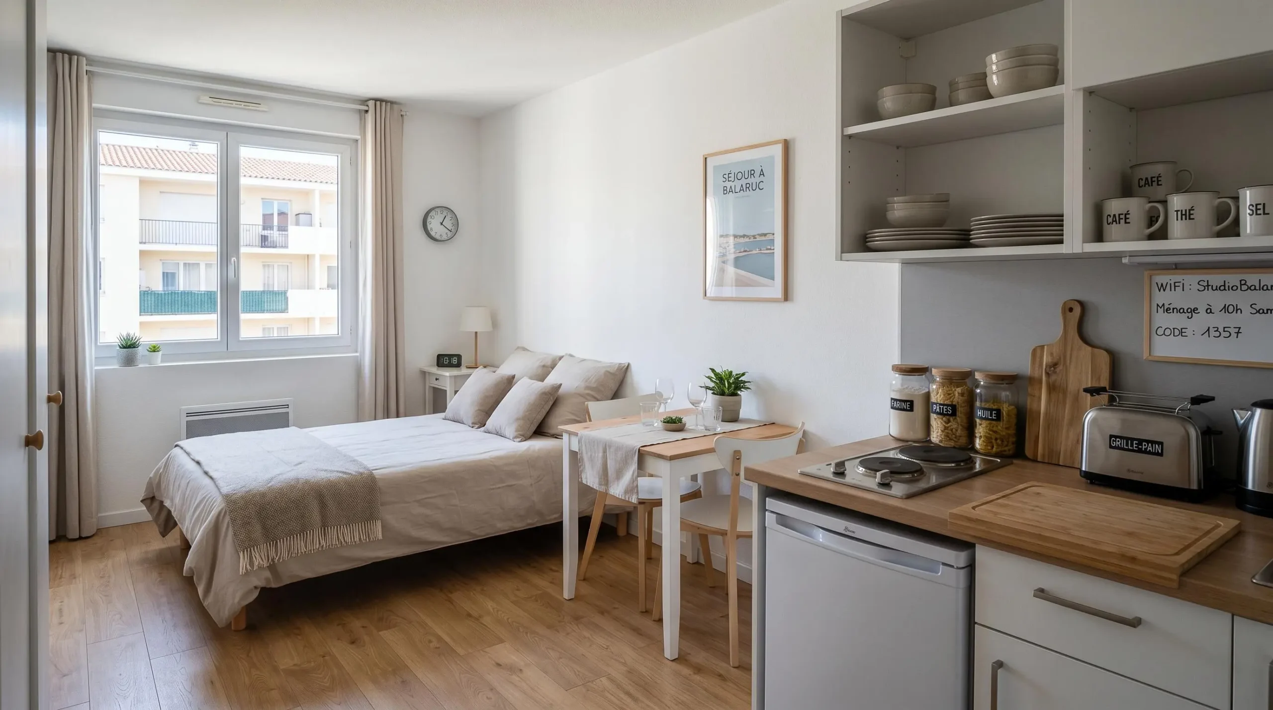 Intérieur d'un studio meublé de tourisme de 20 m² à Balaruc-les-Bains avec coin cuisine équipé, lit et table, décoration épurée tons clairs et lumière naturelle