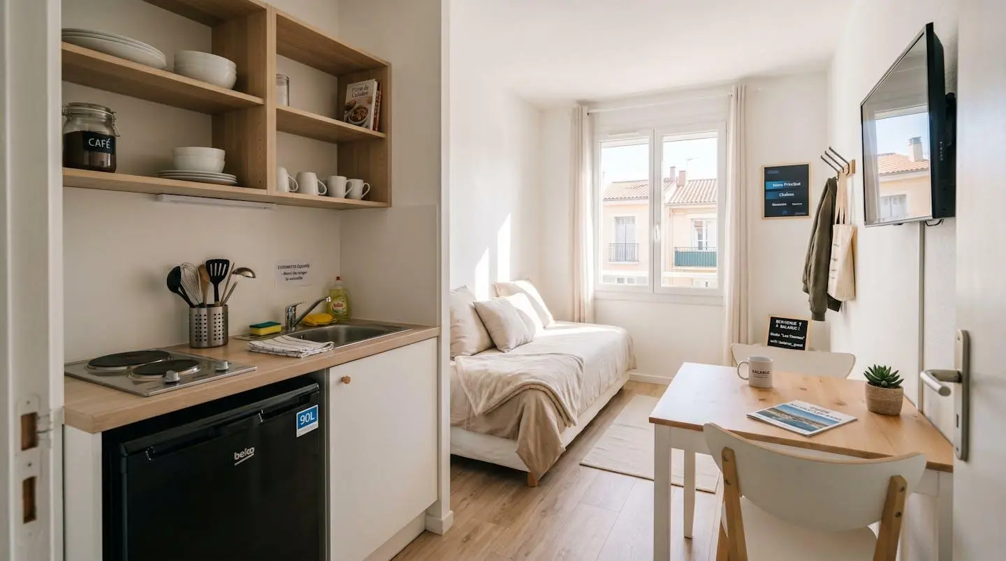 Intérieur d'un studio meublé de tourisme de 20 m² à Balaruc-les-Bains avec coin cuisine équipé, lit et table, décoration épurée tons clairs et lumière naturelle