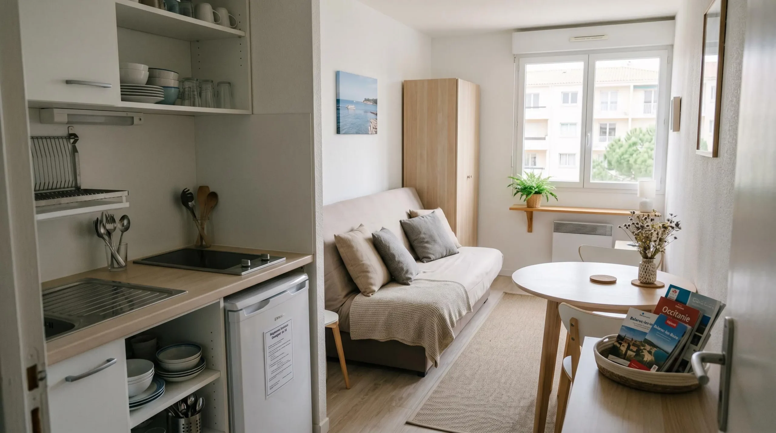 Intérieur d'un studio meublé de tourisme de 20 m² à Balaruc-les-Bains avec coin cuisine équipé, lit et table, décoration épurée tons clairs et lumière naturelle