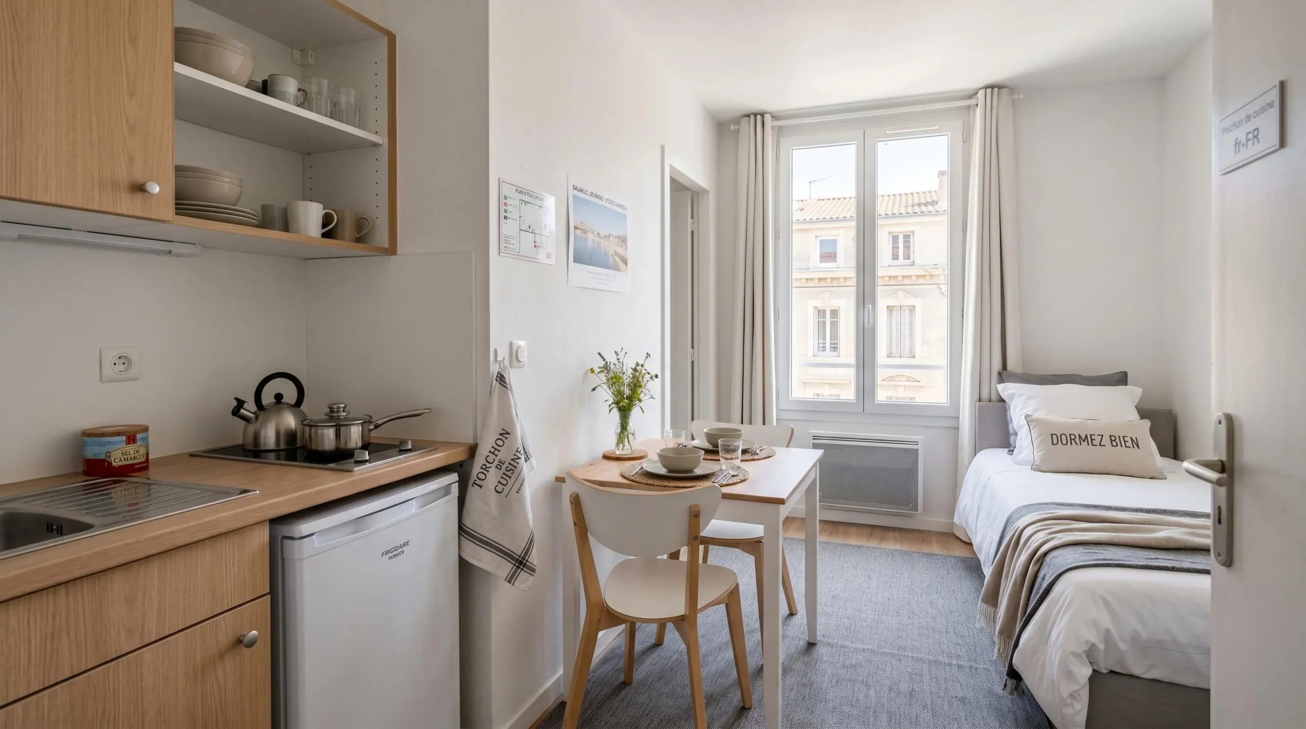 Intérieur d'un studio meublé de tourisme de 20 m² à Balaruc-les-Bains avec coin cuisine équipé, lit et table, décoration épurée tons clairs et lumière naturelle