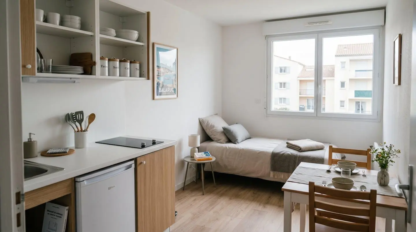 Intérieur d'un studio meublé de tourisme de 20 m² à Balaruc-les-Bains avec coin cuisine équipé, lit et table, décoration épurée tons clairs et lumière naturelle