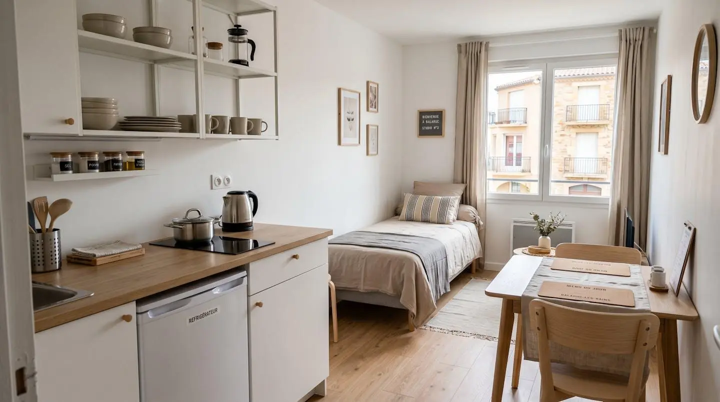 Intérieur d'un studio meublé de tourisme de 20 m² à Balaruc-les-Bains avec coin cuisine équipé, lit et table, décoration épurée tons clairs et lumière naturelle