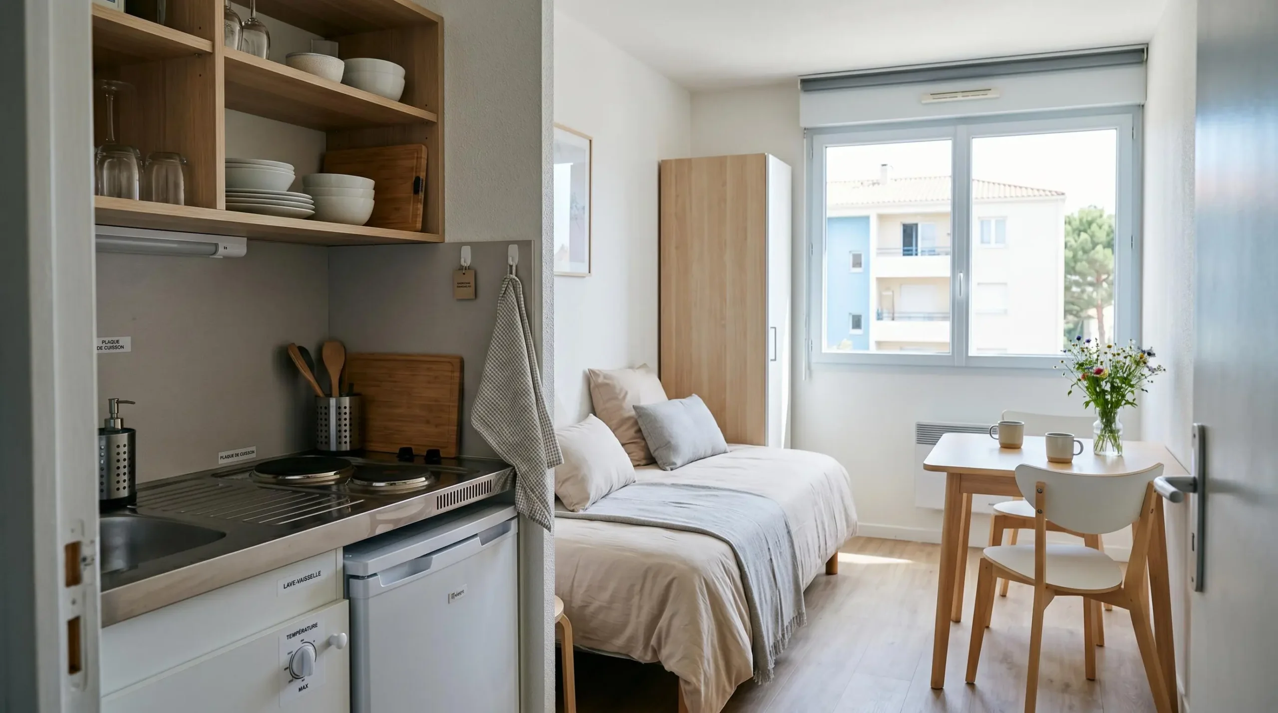 Intérieur d'un studio meublé de tourisme de 20 m² à Balaruc-les-Bains avec coin cuisine équipé, lit et table, décoration épurée tons clairs et lumière naturelle