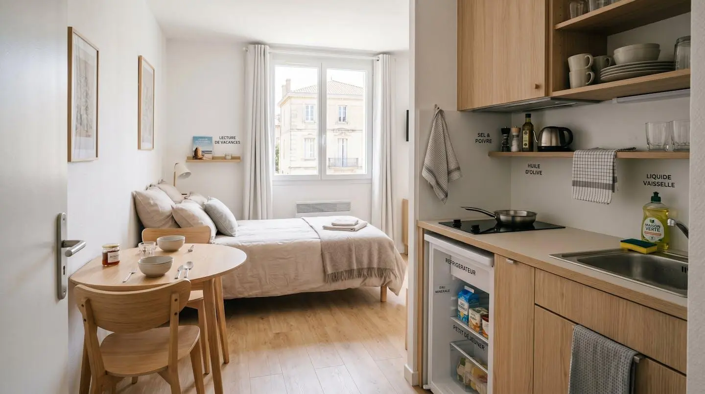 Intérieur d'un studio meublé de tourisme de 20 m² à Balaruc-les-Bains avec coin cuisine équipé, lit et table, décoration épurée tons clairs et lumière naturelle