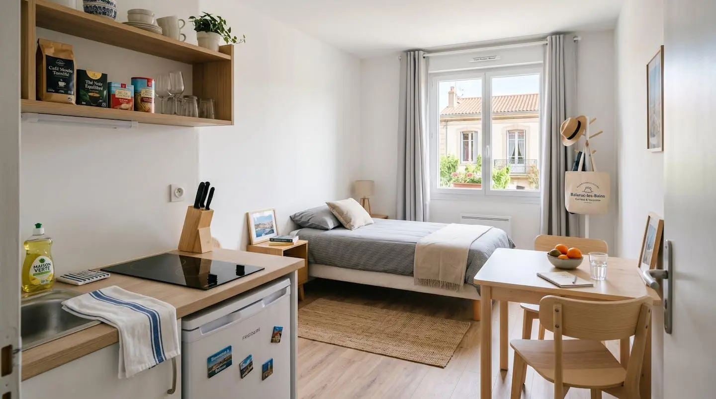 Intérieur d'un studio meublé de tourisme de 20 m² à Balaruc-les-Bains avec coin cuisine équipé, lit et table, décoration épurée tons clairs et lumière naturelle