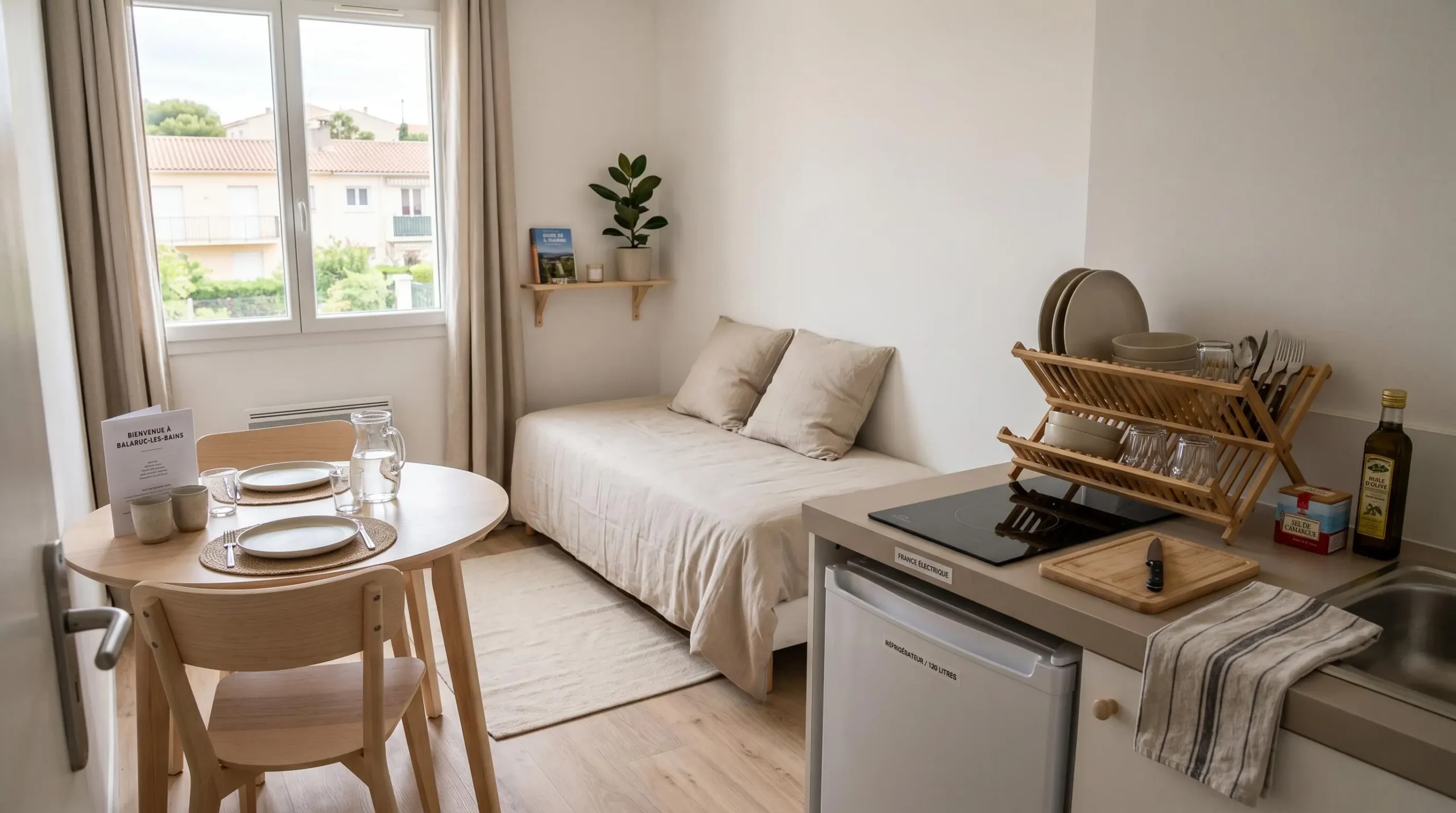 Intérieur d'un studio meublé de tourisme de 20 m² à Balaruc-les-Bains avec coin cuisine équipé, lit et table, décoration épurée tons clairs et lumière naturelle