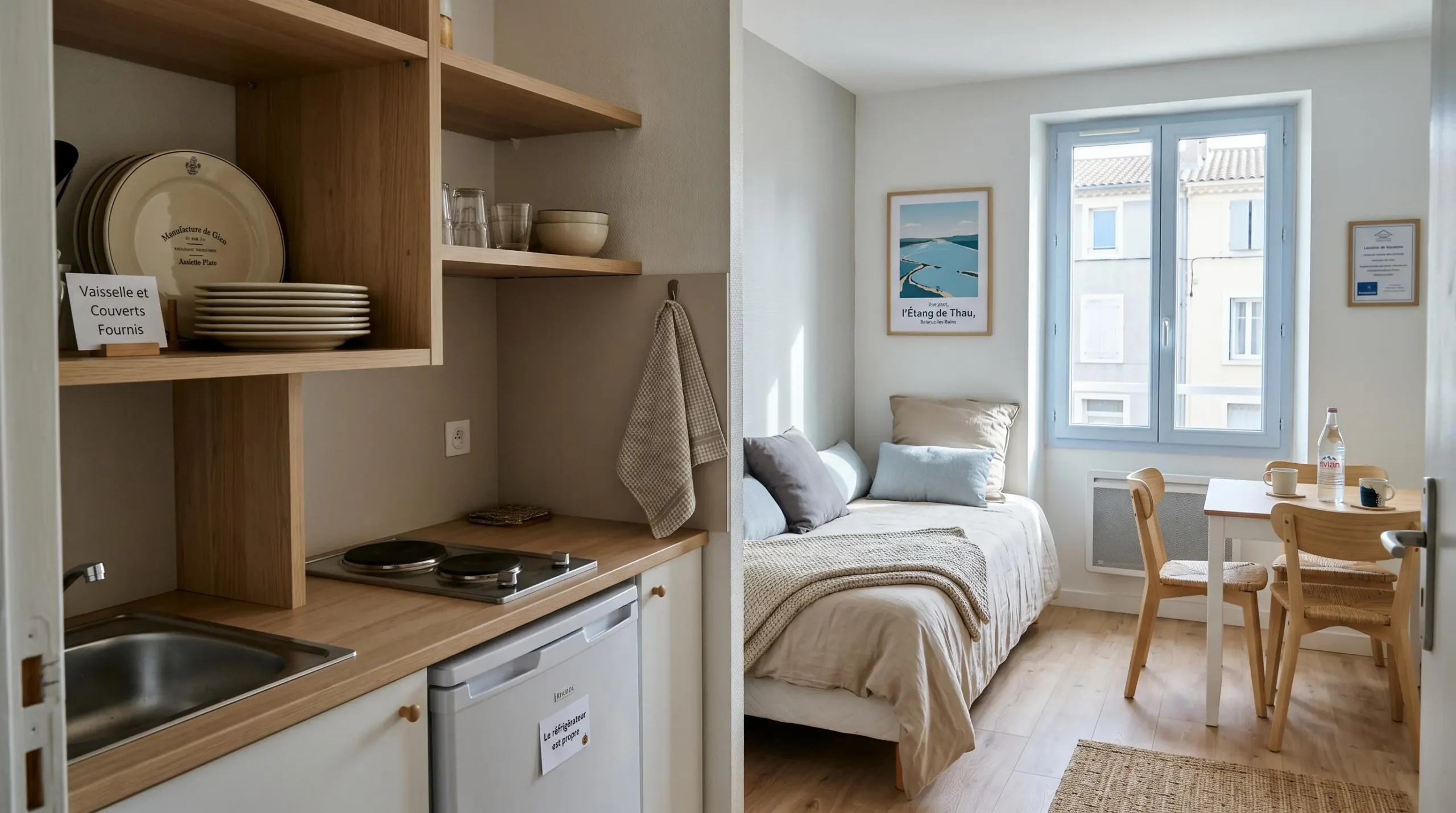 Intérieur d'un studio meublé de tourisme de 20 m² à Balaruc-les-Bains avec coin cuisine équipé, lit et table, décoration épurée tons clairs et lumière naturelle