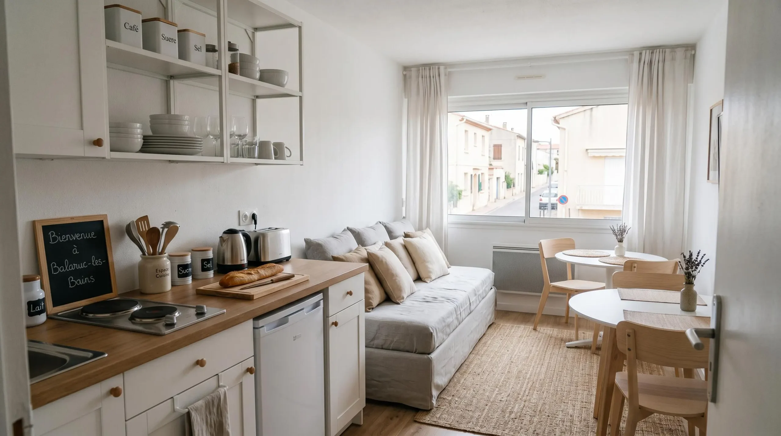Intérieur d'un studio meublé de tourisme de 20 m² à Balaruc-les-Bains avec coin cuisine équipé, lit et table, décoration épurée tons clairs et lumière naturelle