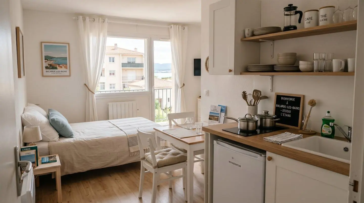Intérieur d'un studio meublé de tourisme de 20 m² à Balaruc-les-Bains avec coin cuisine équipé, lit et table, décoration épurée tons clairs et lumière naturelle