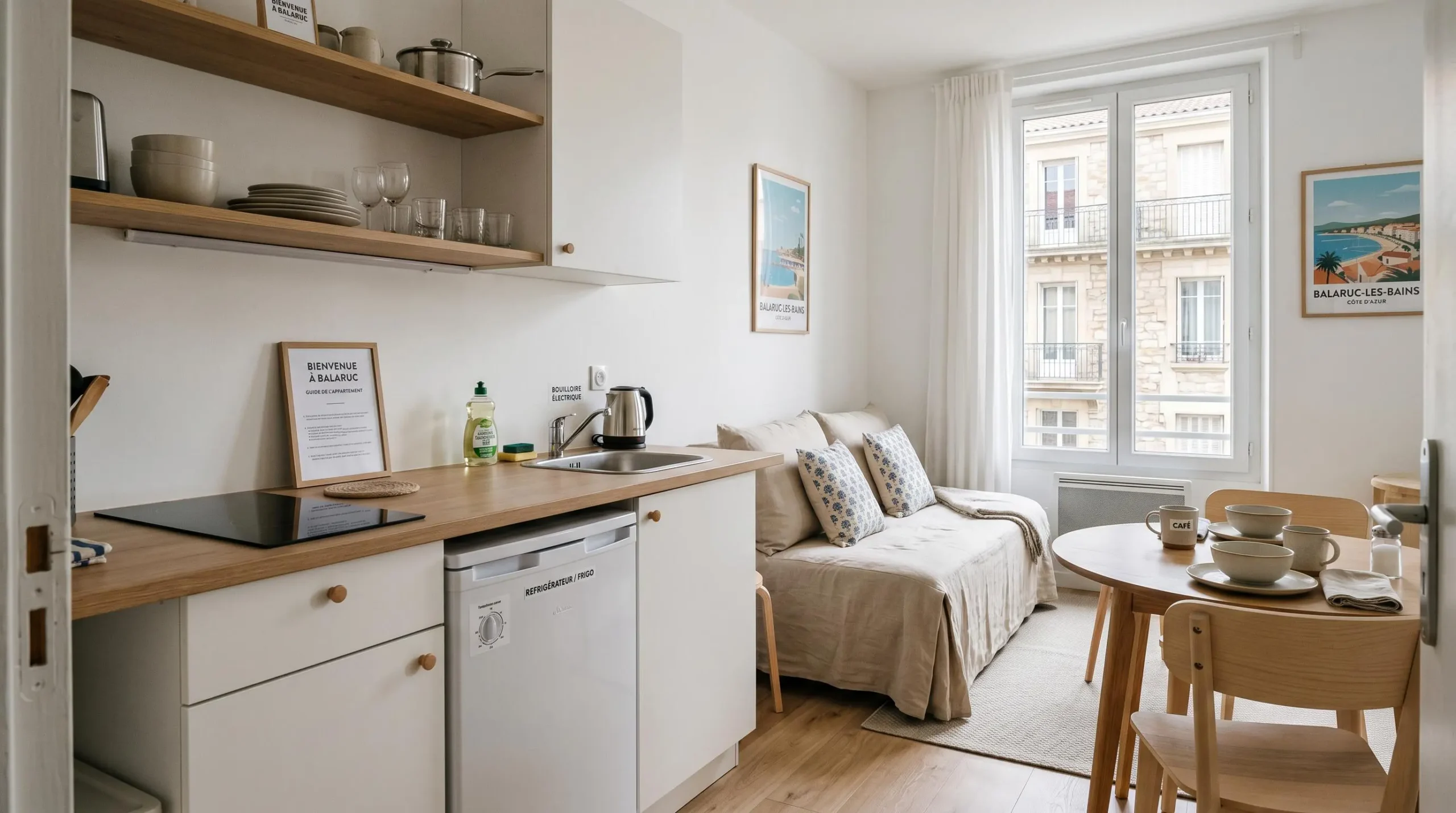 Intérieur d'un studio meublé de tourisme de 20 m² à Balaruc-les-Bains avec coin cuisine équipé, lit et table, décoration épurée tons clairs et lumière naturelle