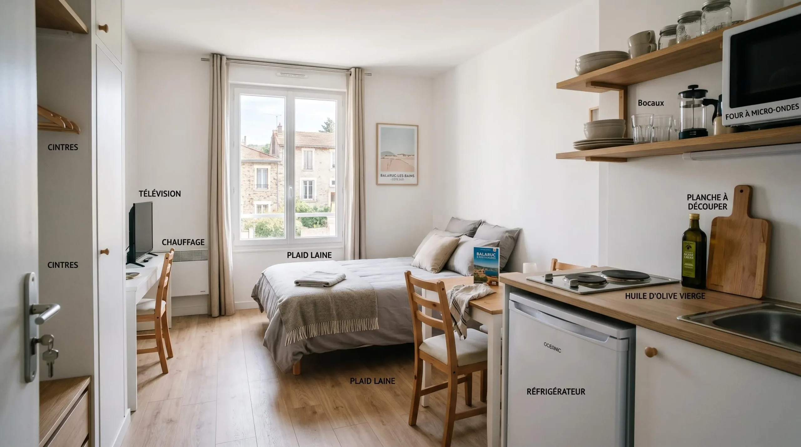 Intérieur d'un studio meublé de tourisme de 20 m² à Balaruc-les-Bains avec coin cuisine équipé, lit et table, décoration épurée tons clairs et lumière naturelle