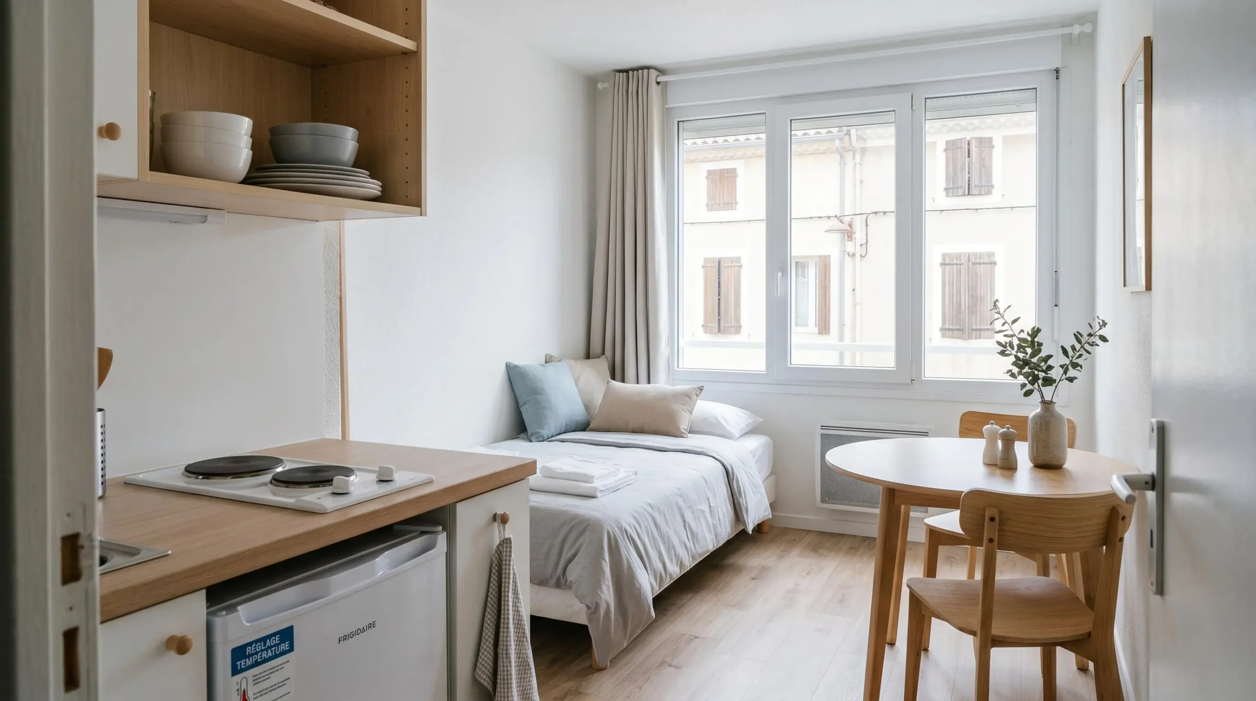 Intérieur d'un studio meublé de tourisme de 20 m² à Balaruc-les-Bains avec coin cuisine équipé, lit et table, décoration épurée tons clairs et lumière naturelle
