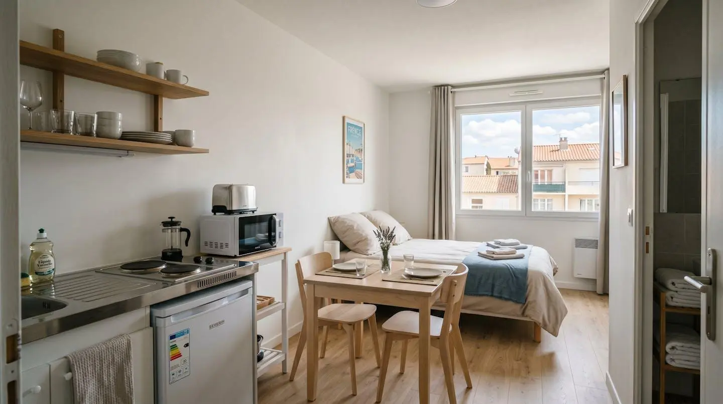 Intérieur d'un studio meublé de tourisme de 20 m² à Balaruc-les-Bains avec coin cuisine équipé, lit et table, décoration épurée tons clairs et lumière naturelle