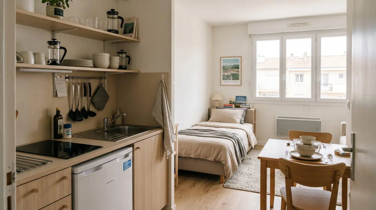 Intérieur d'un studio meublé de tourisme de 20 m² à Balaruc-les-Bains avec coin cuisine équipé, lit et table, décoration épurée tons clairs et lumière naturelle