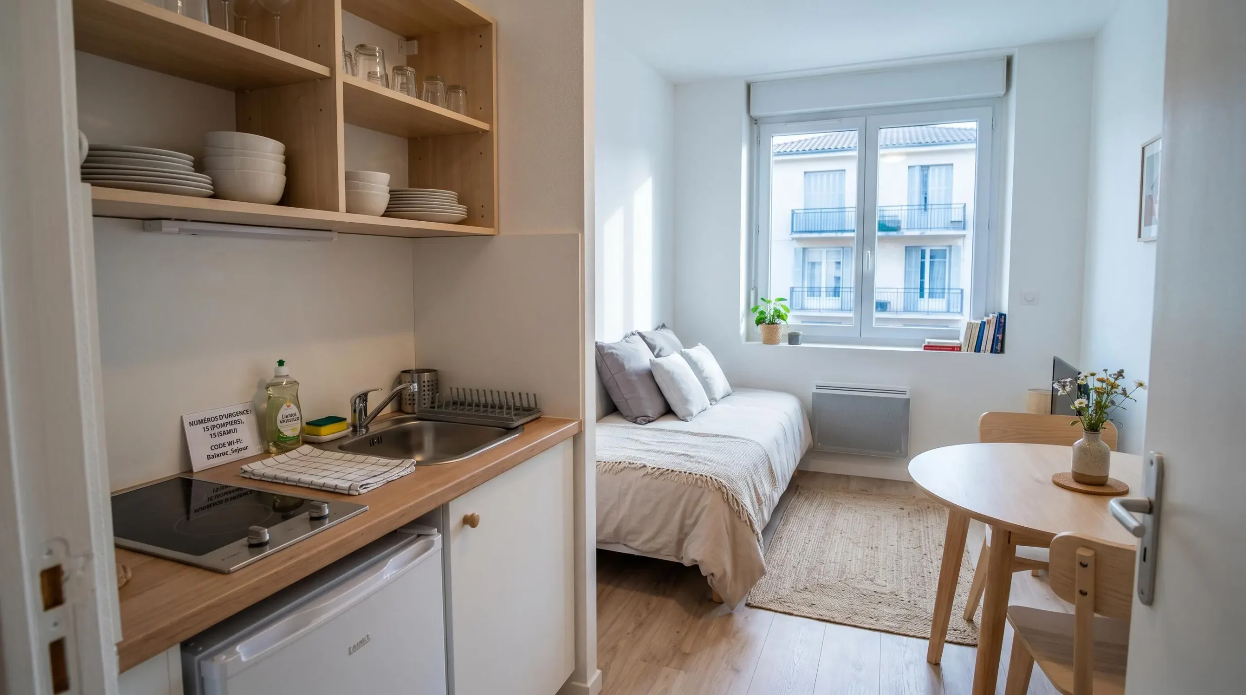 Intérieur d'un studio meublé de tourisme de 20 m² à Balaruc-les-Bains avec coin cuisine équipé, lit et table, décoration épurée tons clairs et lumière naturelle