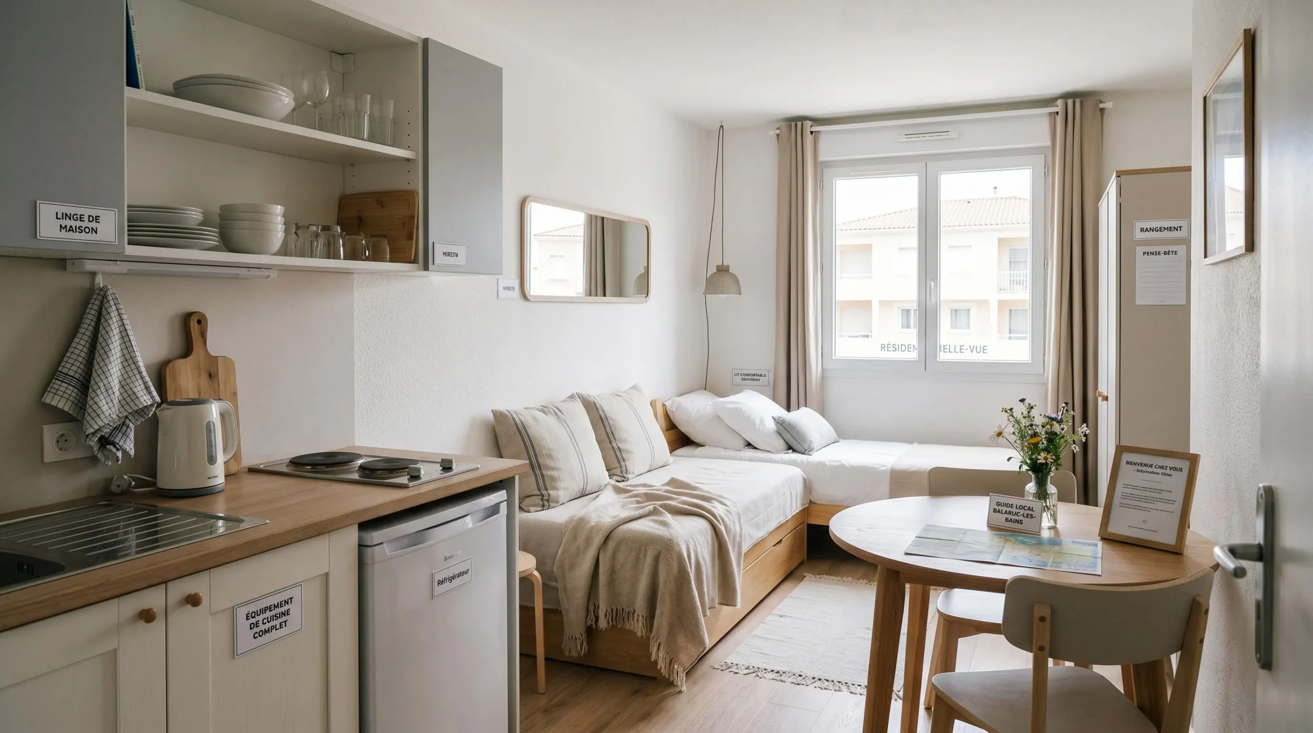 Intérieur d'un studio meublé de tourisme de 20 m² à Balaruc-les-Bains avec coin cuisine équipé, lit et table, décoration épurée tons clairs et lumière naturelle
