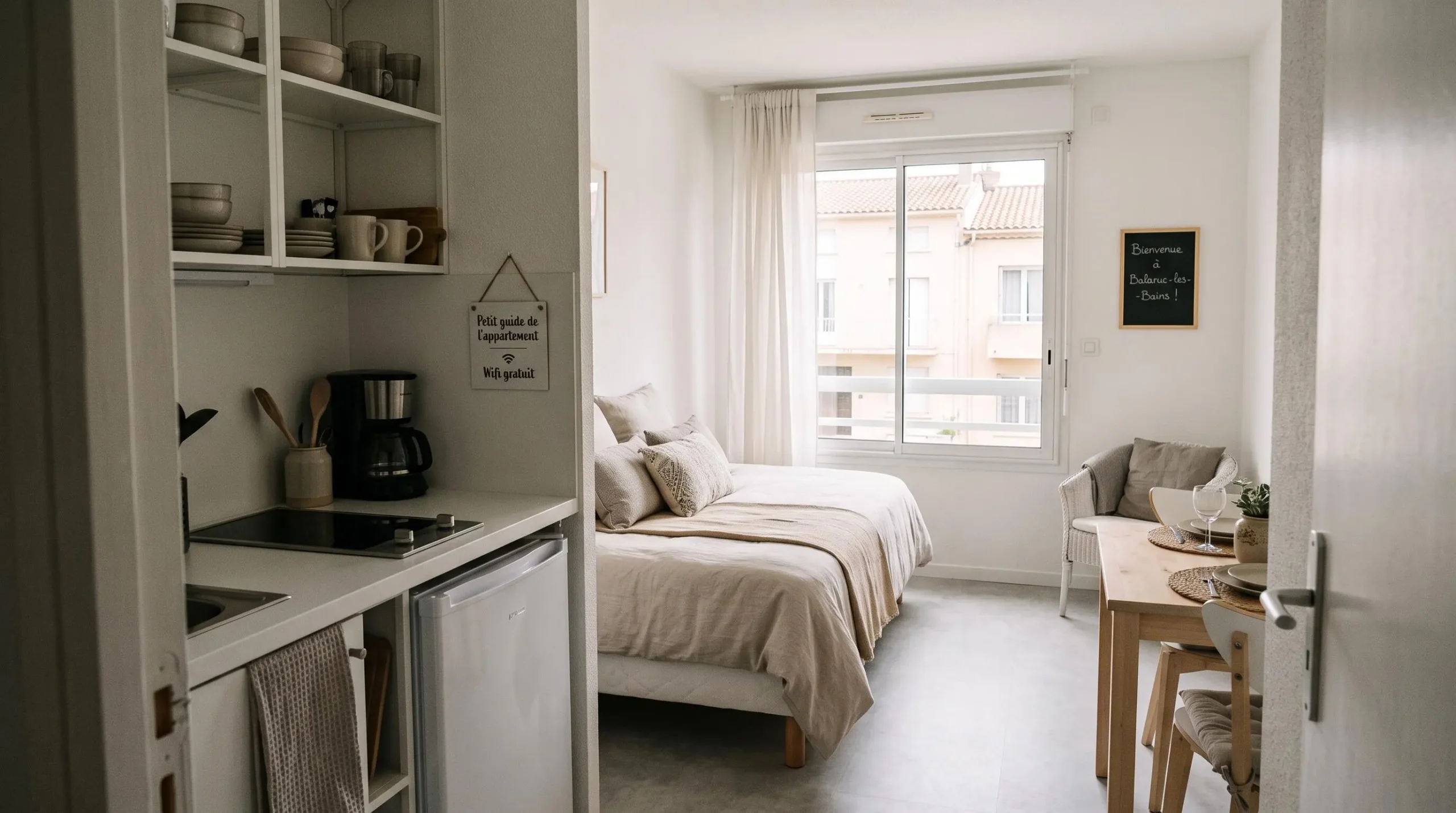 Intérieur d'un studio meublé de tourisme de 20 m² à Balaruc-les-Bains avec coin cuisine équipé, lit et table, décoration épurée tons clairs et lumière naturelle
