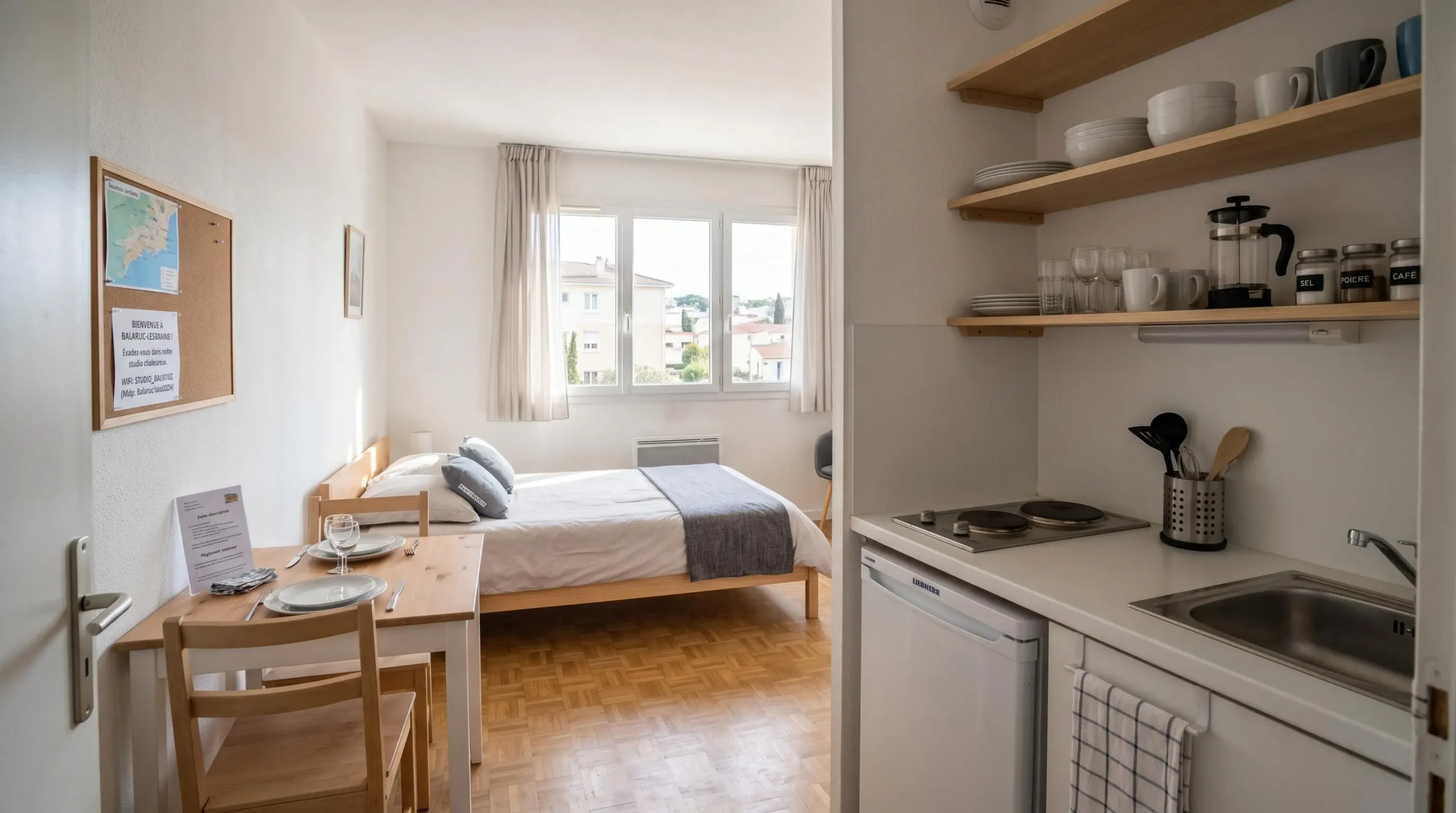 Intérieur d'un studio meublé de tourisme de 20 m² à Balaruc-les-Bains avec coin cuisine équipé, lit et table, décoration épurée tons clairs et lumière naturelle