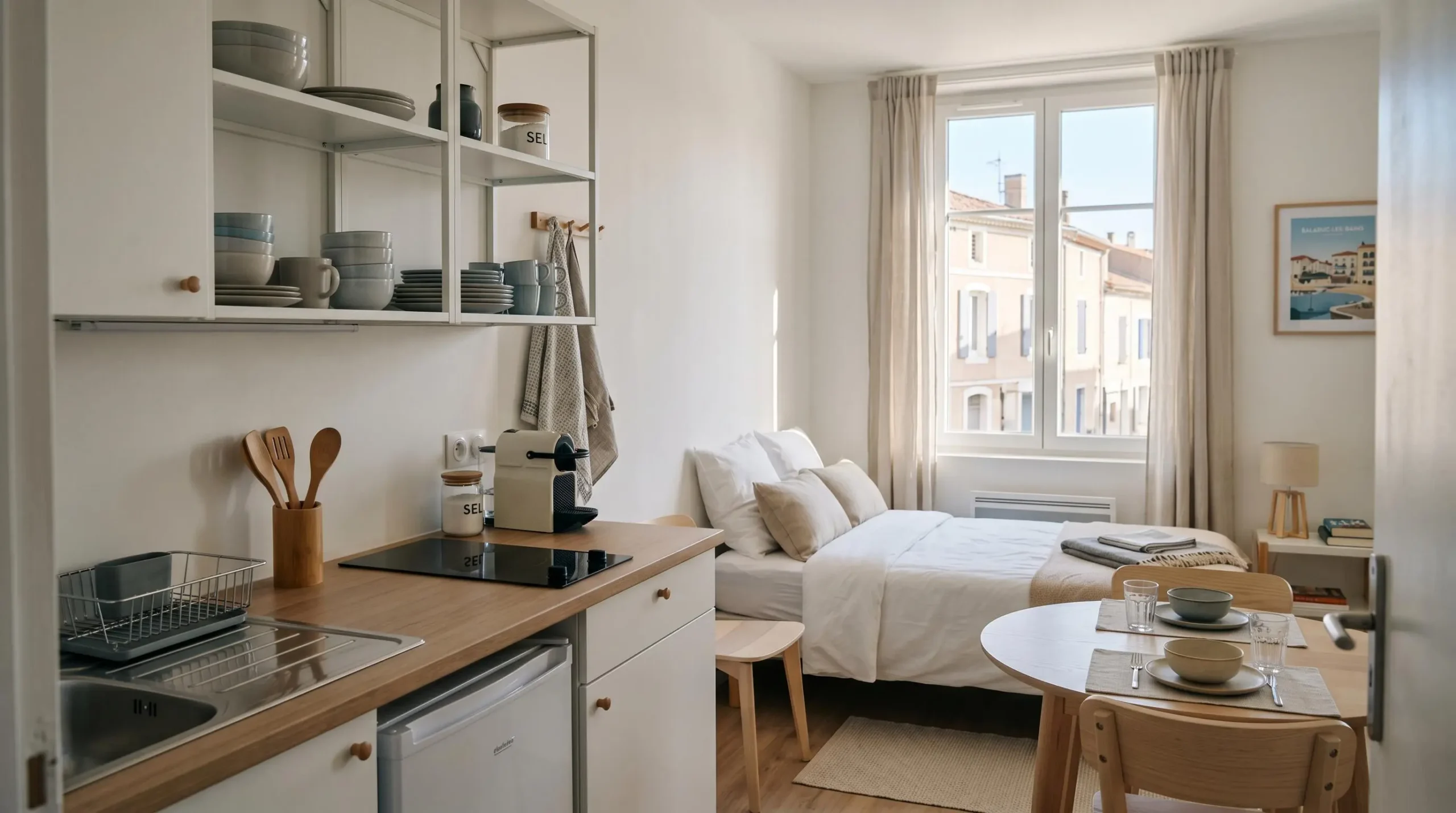Intérieur d'un studio meublé de tourisme de 20 m² à Balaruc-les-Bains avec coin cuisine équipé, lit et table, décoration épurée tons clairs et lumière naturelle