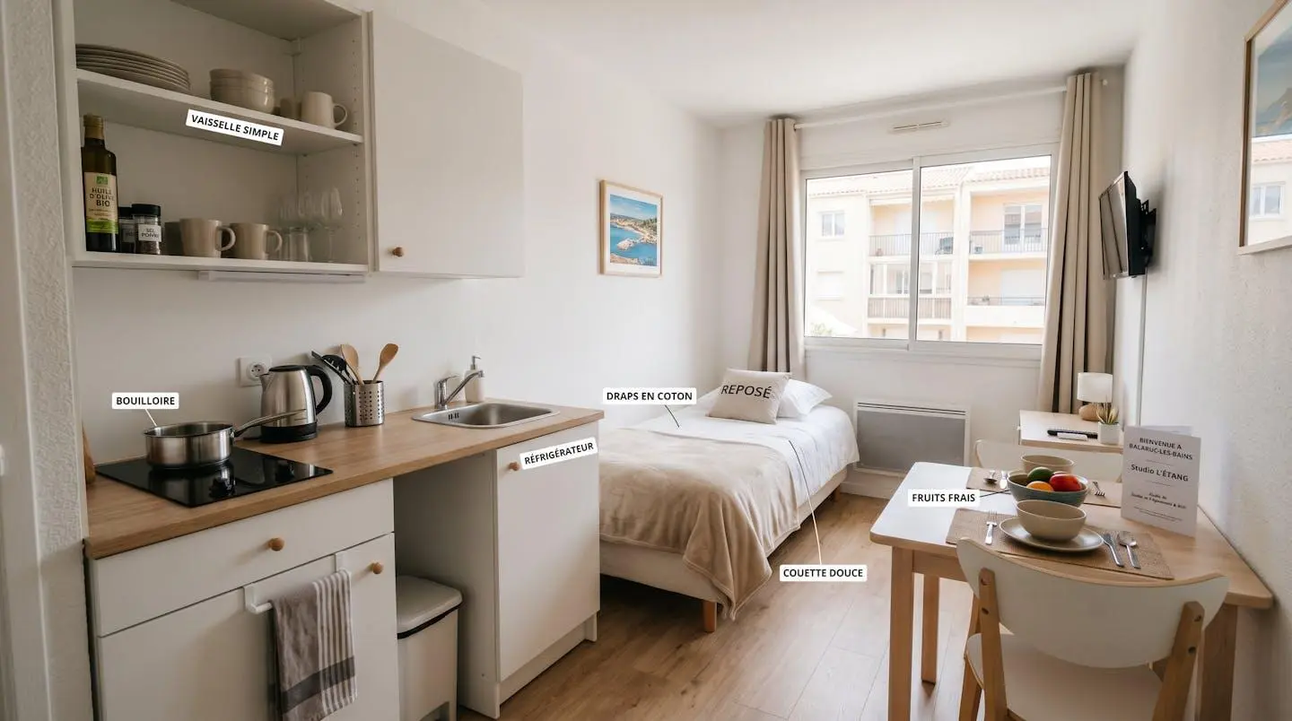 Intérieur d'un studio meublé de tourisme de 20 m² à Balaruc-les-Bains avec coin cuisine équipé, lit et table, décoration épurée tons clairs et lumière naturelle