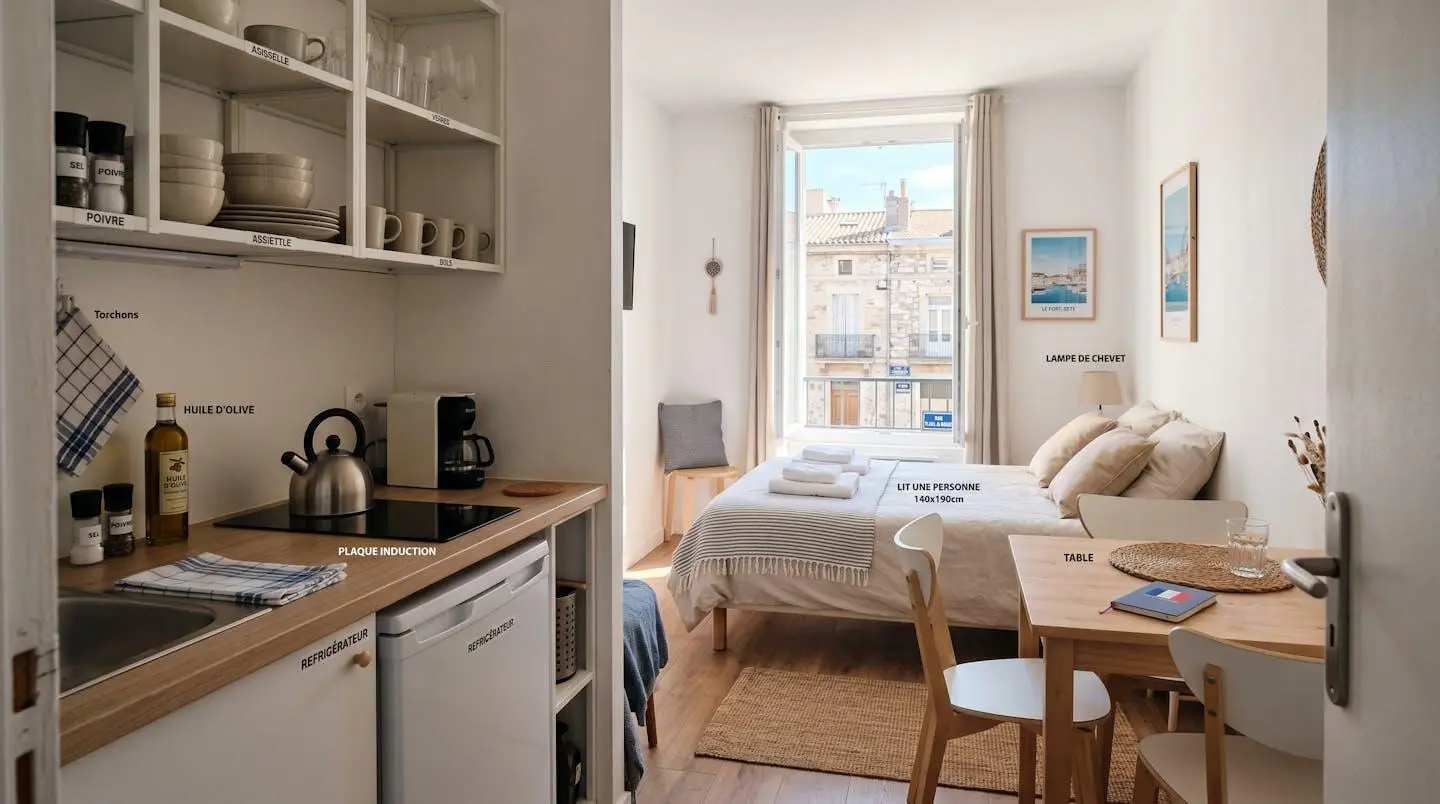 Intérieur d'un studio meublé de tourisme de 20 m² à Balaruc-les-Bains avec coin cuisine équipé, lit et table, décoration épurée tons clairs et lumière naturelle