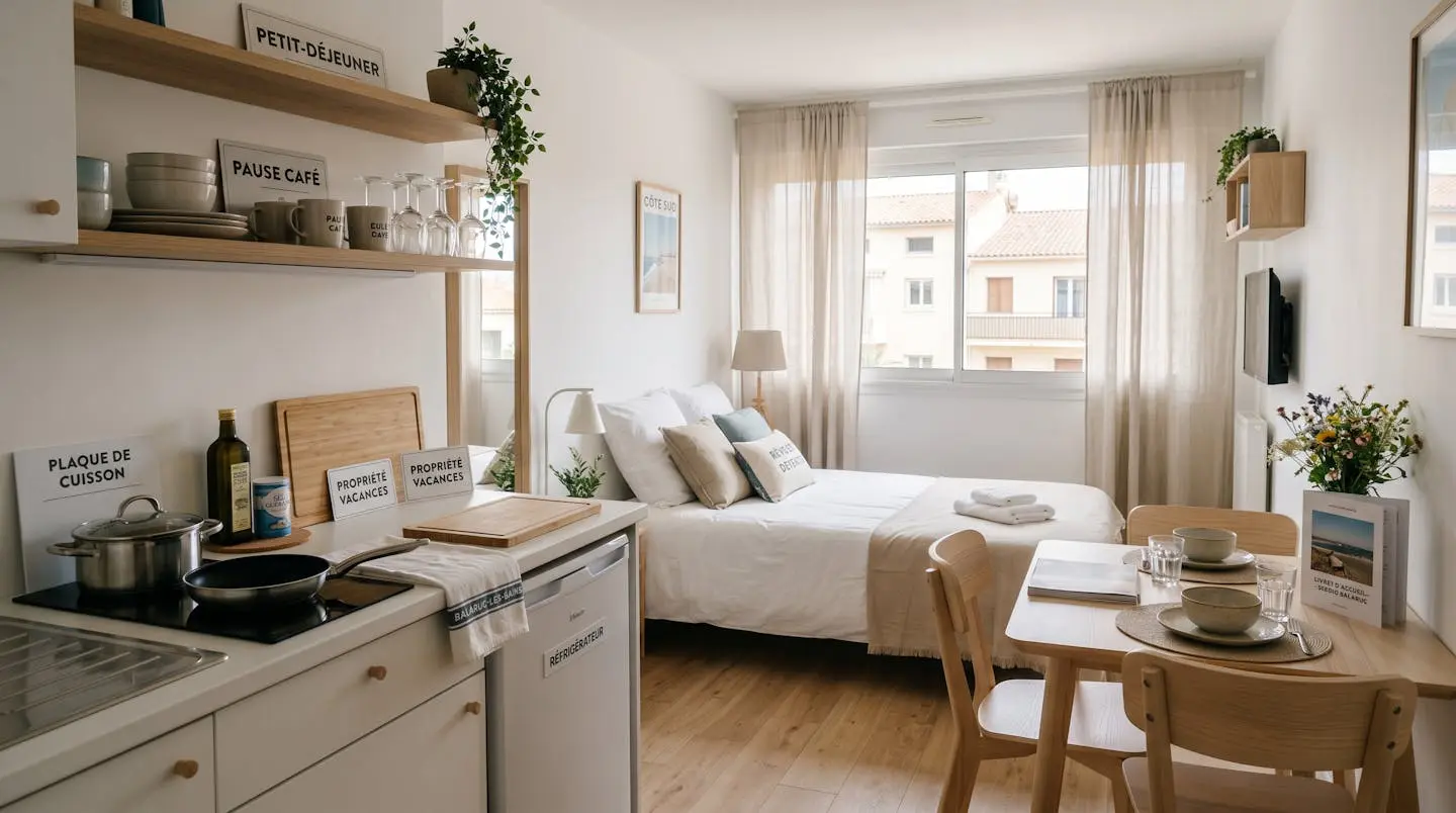 Intérieur d'un studio meublé de tourisme de 20 m² à Balaruc-les-Bains avec coin cuisine équipé, lit et table, décoration épurée tons clairs et lumière naturelle