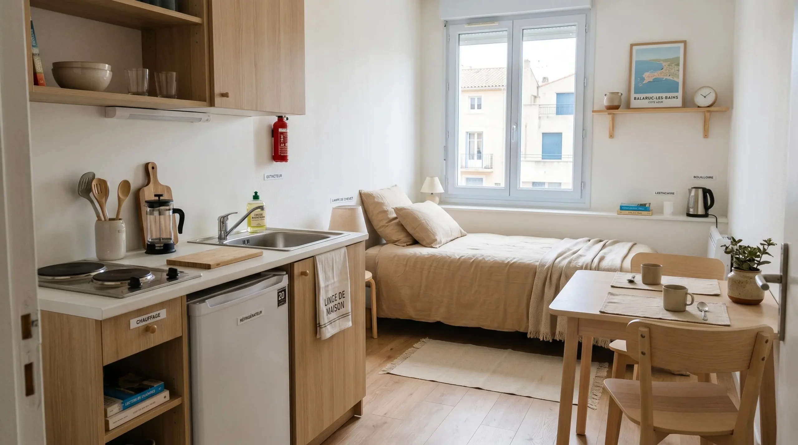 Intérieur d'un studio meublé de tourisme de 20 m² à Balaruc-les-Bains avec coin cuisine équipé, lit et table, décoration épurée tons clairs et lumière naturelle